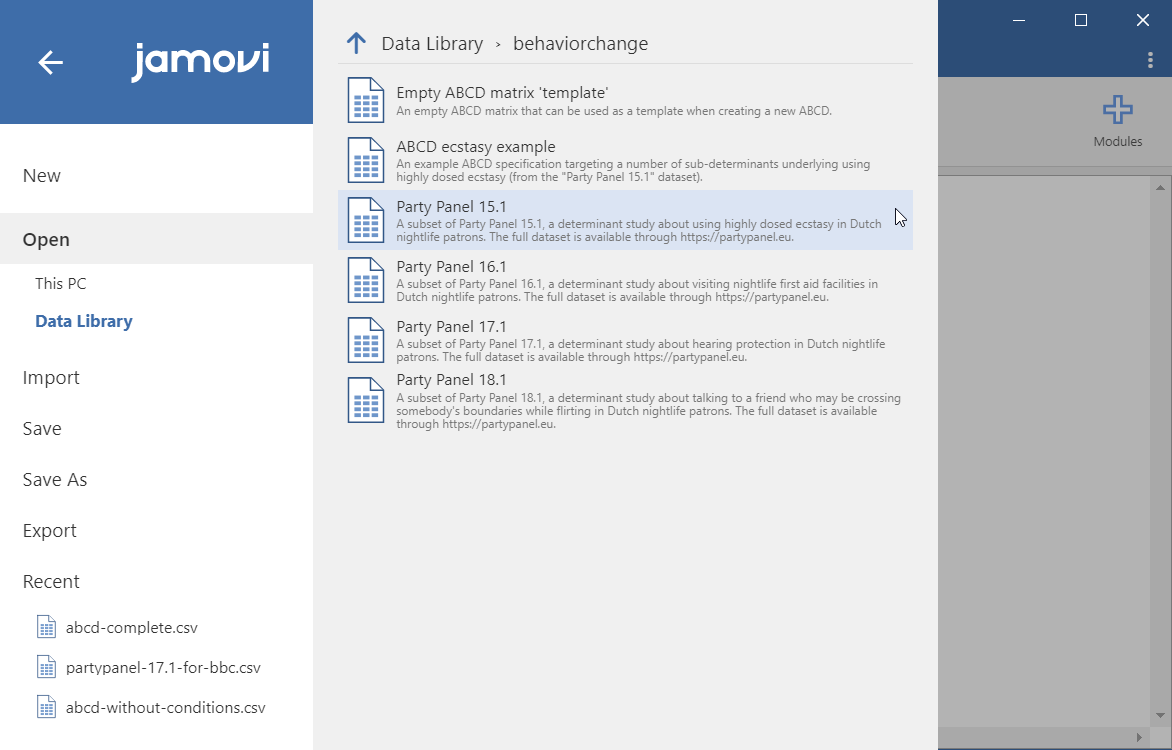 An overview of the behaviorchange datasets in jamovi's data library.