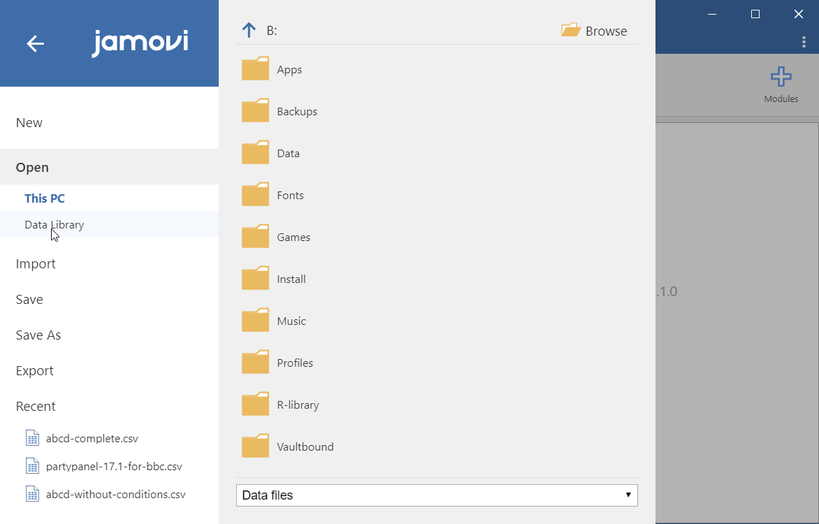 Opening jamovi's data library.